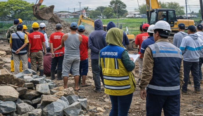 Petugas Gabungan Lakukan Pemasangan Bronjong dan Sheet Pile di Irigasi Kalimalang Badami