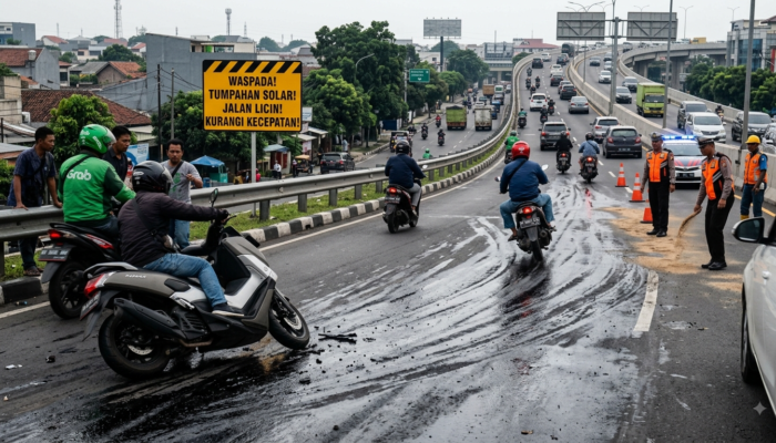 Waspada! Tumpahan Solar di Turunan Flyover Cikampek Buat Sejumlah Pengendara Terjatuh